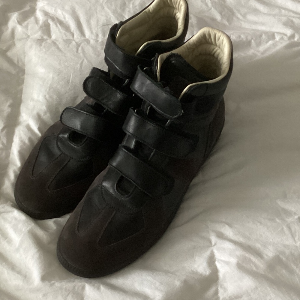 Maison Martin Margiela Dark Brown and Black High-Top Strap Sneakers. 13